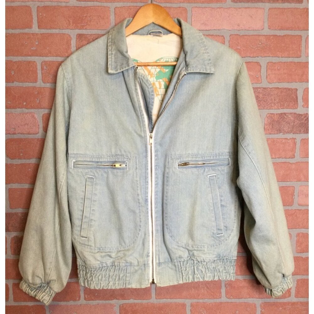 Vintage Urban Equipment Denim Bomber Jacket Elastic Hem & Cuffs Zip Up Mens S